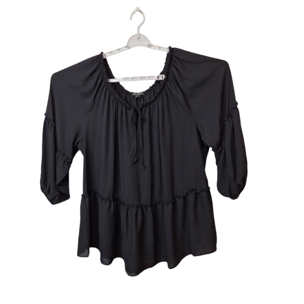 Lane Bryant Black Pullover Peplum Top Womens 26/28 Peasant‎ Balloon Slv Tie Neck